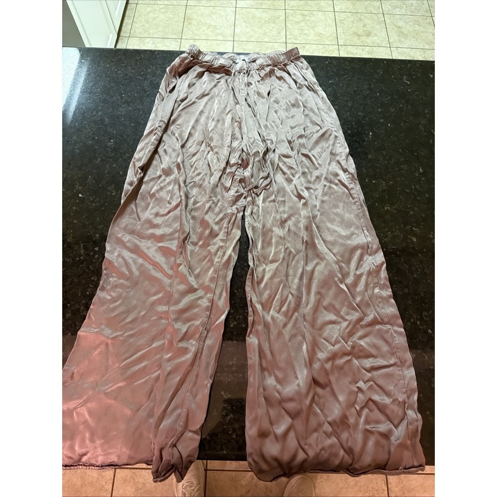PJ Harlow Satin Pajama Set Bertie Top Mo Bottoms Brown Silky Short Sleeve Sz XS - Picture 5 of 11